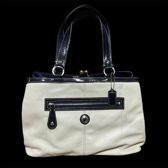 Coach Beige & Navy Leather Tote Handbag With Kiss Lock Closure & Front Zipper Po - Picture 4 of 11